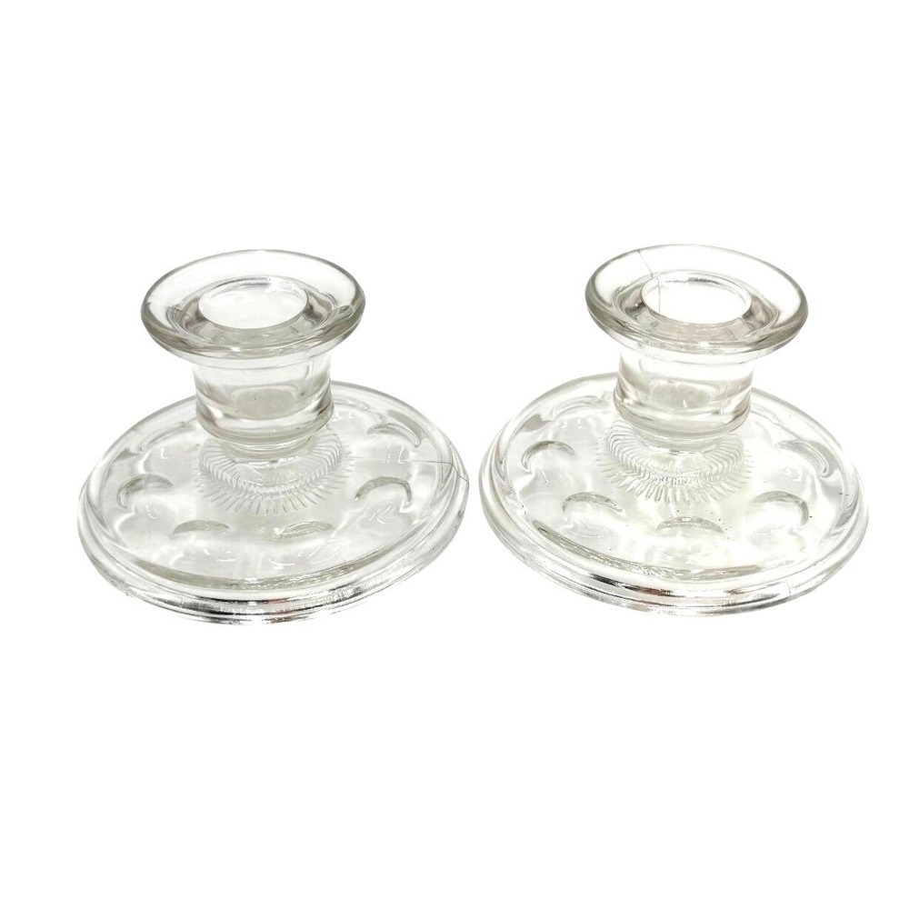 Vintage Clear Pressed Glass Taper Candle Holders Pair 4" MCM Decor NO Cracks